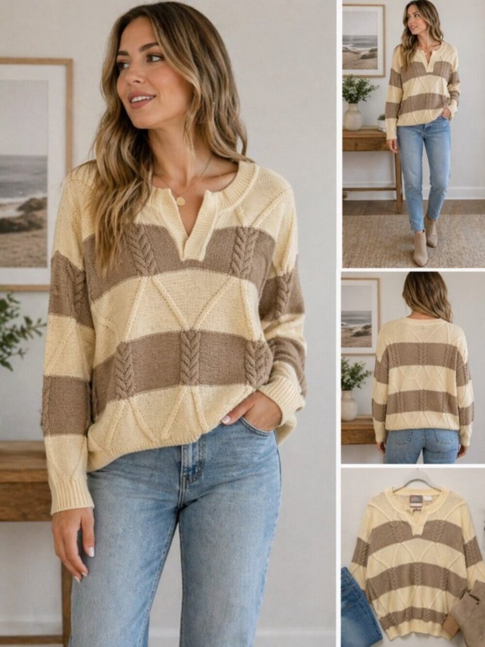 Bogner Cable Knit Sweater Beige Taupe 100% Cotton Luxury - Size L